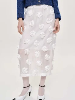 Bottoms-Source Unknown Rose Applique Midi Skirt, White