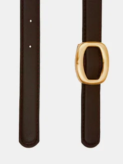 Clothing-Source Unknown Round Hexagon Leather Belt, Brown/Gold