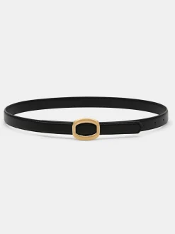 Accessories-Source Unknown Round Hexagon Leather Belt, Black/Gold