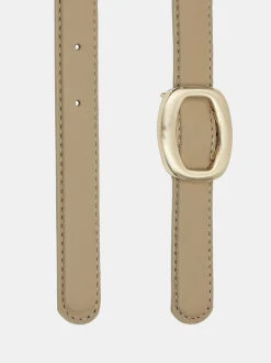 Accessories-Source Unknown Round Hexagon Leather Belt, Beige/Gold
