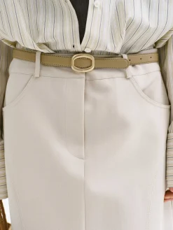 Accessories-Source Unknown Round Hexagon Leather Belt, Beige/Gold