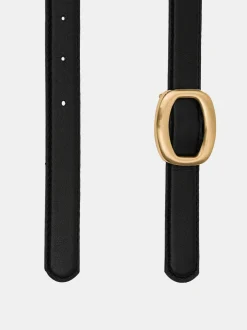 Clothing-Source Unknown Round Hexagon Leather Belt, Black/Gold