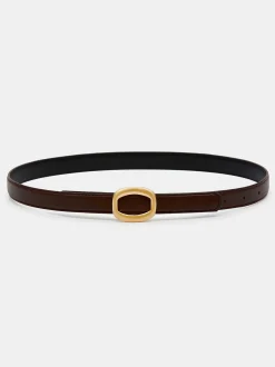 Accessories-Source Unknown Round Hexagon Leather Belt, Brown/Gold