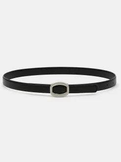 Clothing-Source Unknown Round Hexagon Leather Belt, Black/Silver