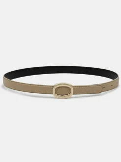 Clothing-Source Unknown Round Hexagon Leather Belt, Beige/Gold