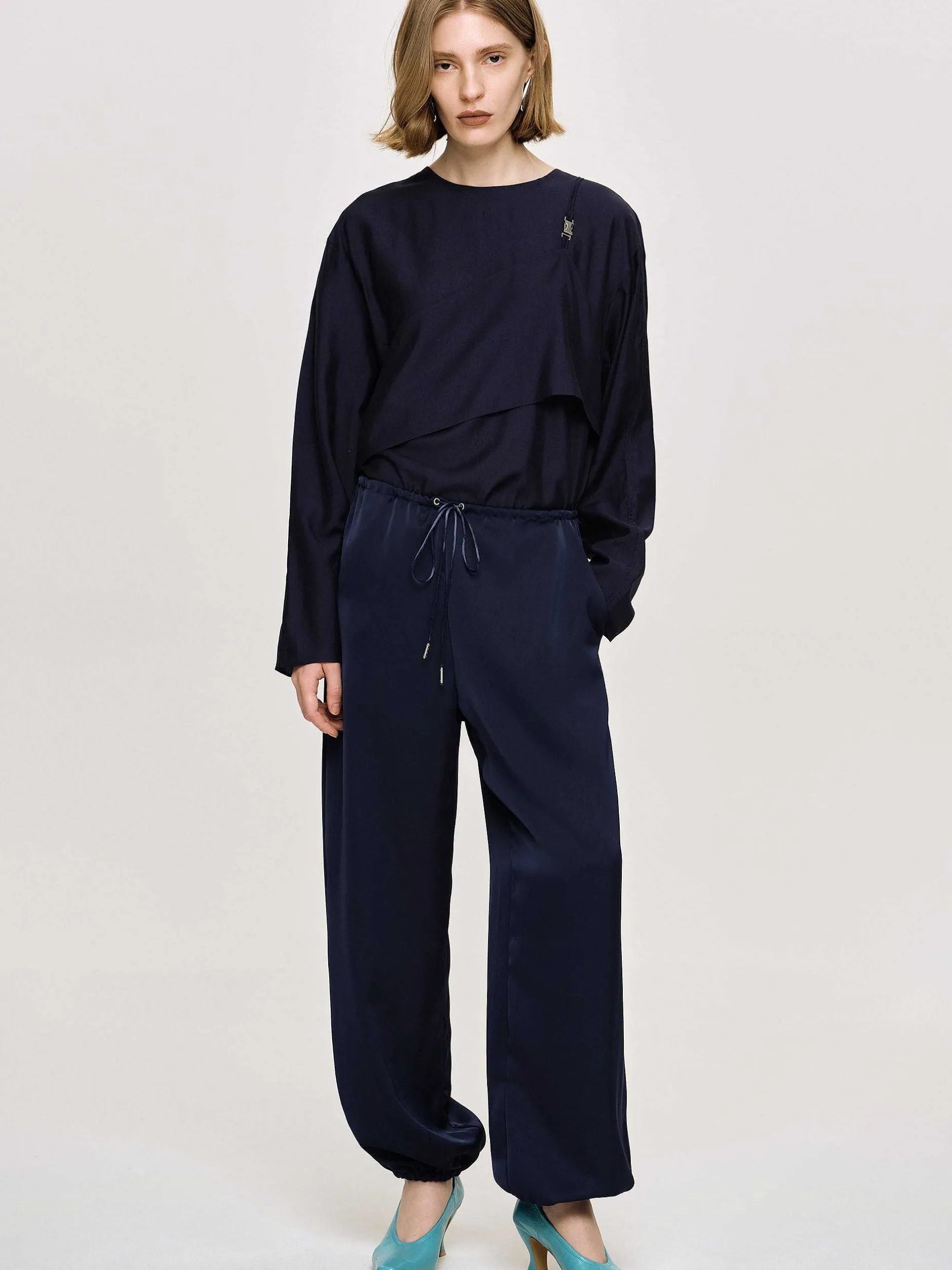 Bottoms-Source Unknown Satin Jogger Pants, Navy