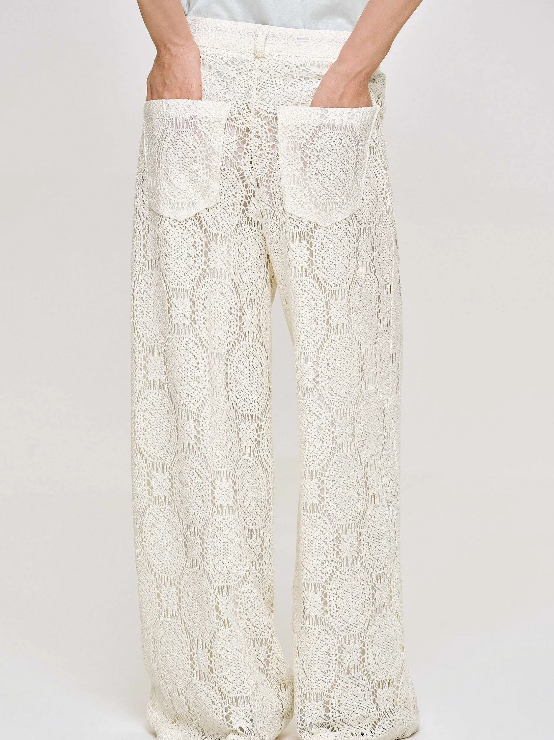 Bottoms-Source Unknown Sevilla Crochet Wide Trousers, Ecru