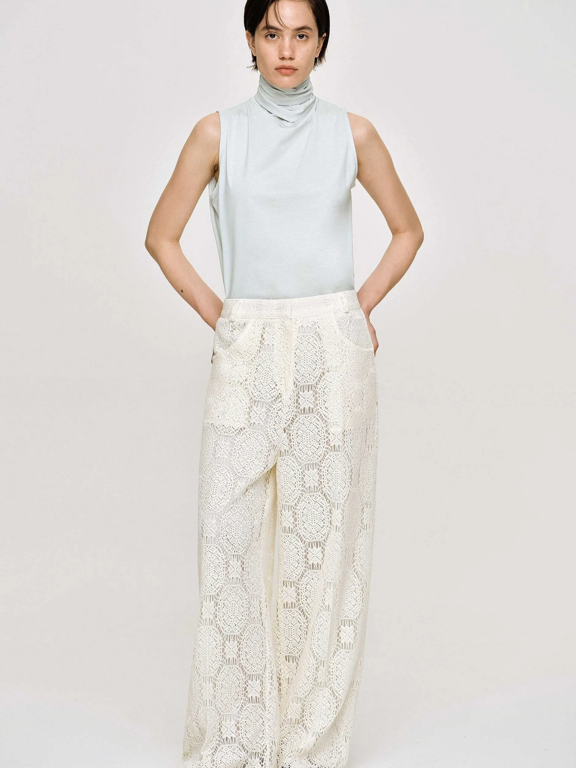 Clothing-Source Unknown Sevilla Crochet Wide Trousers, Ecru
