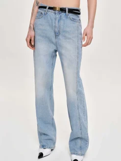 Denim-Source Unknown Side Paneled Straight Jeans, Light Washed Blue