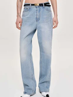 Denim-Source Unknown Side Paneled Straight Jeans, Light Washed Blue