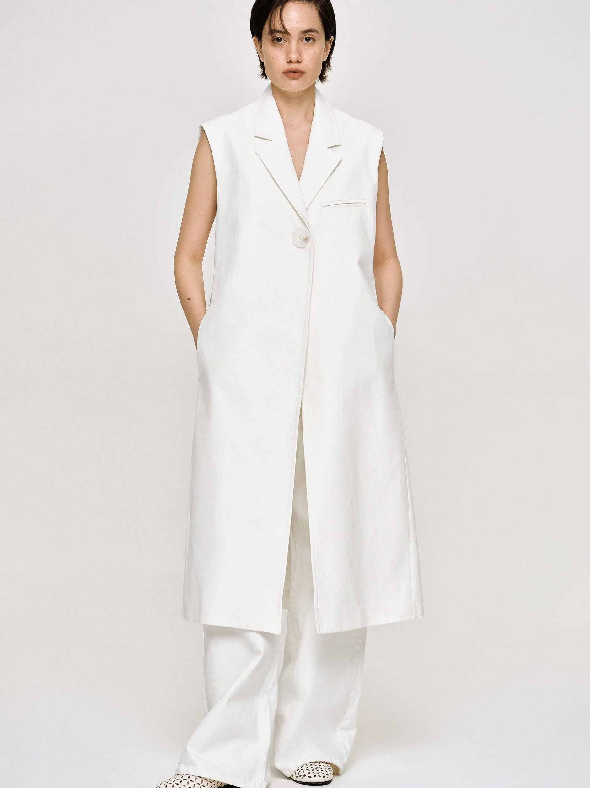 Clothing-Source Unknown Sleeveless Long Blazer, White