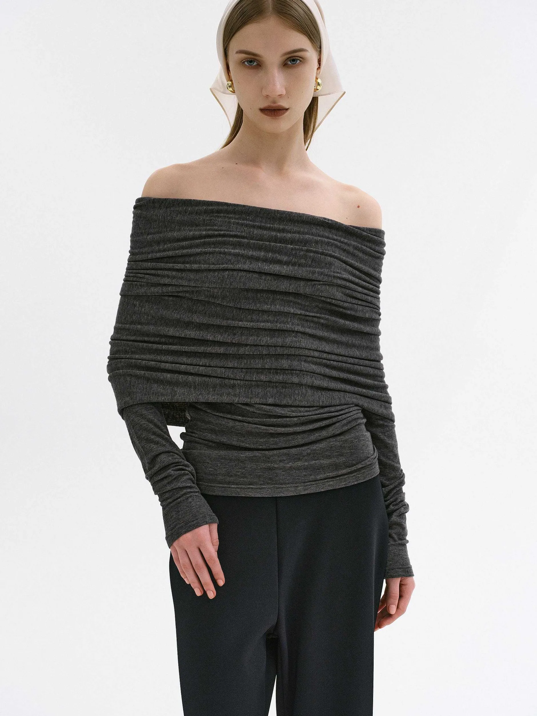 Accessories-Source Unknown Tova Off Shoulder Knit, Dark Grey Melange