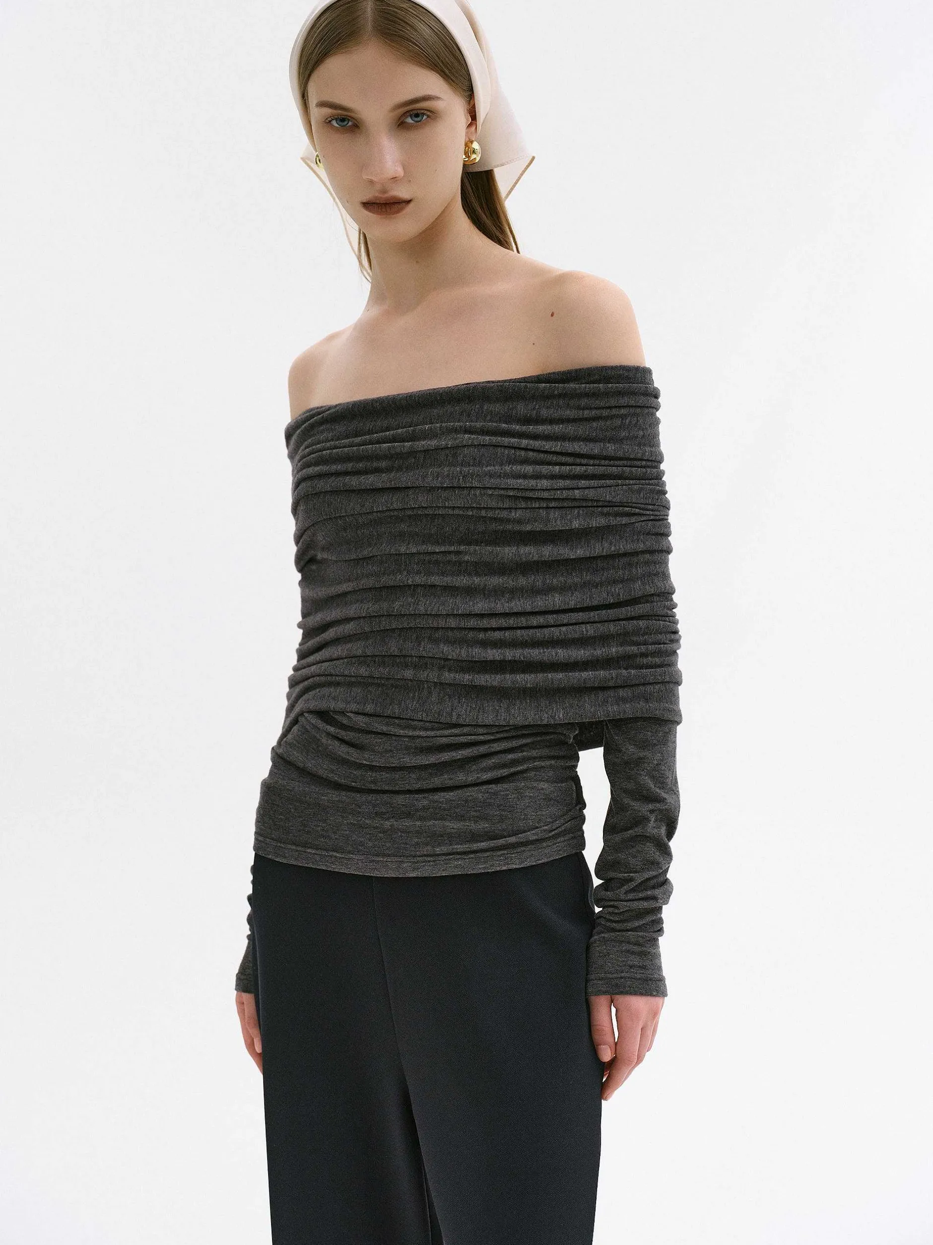 Accessories-Source Unknown Tova Off Shoulder Knit, Dark Grey Melange