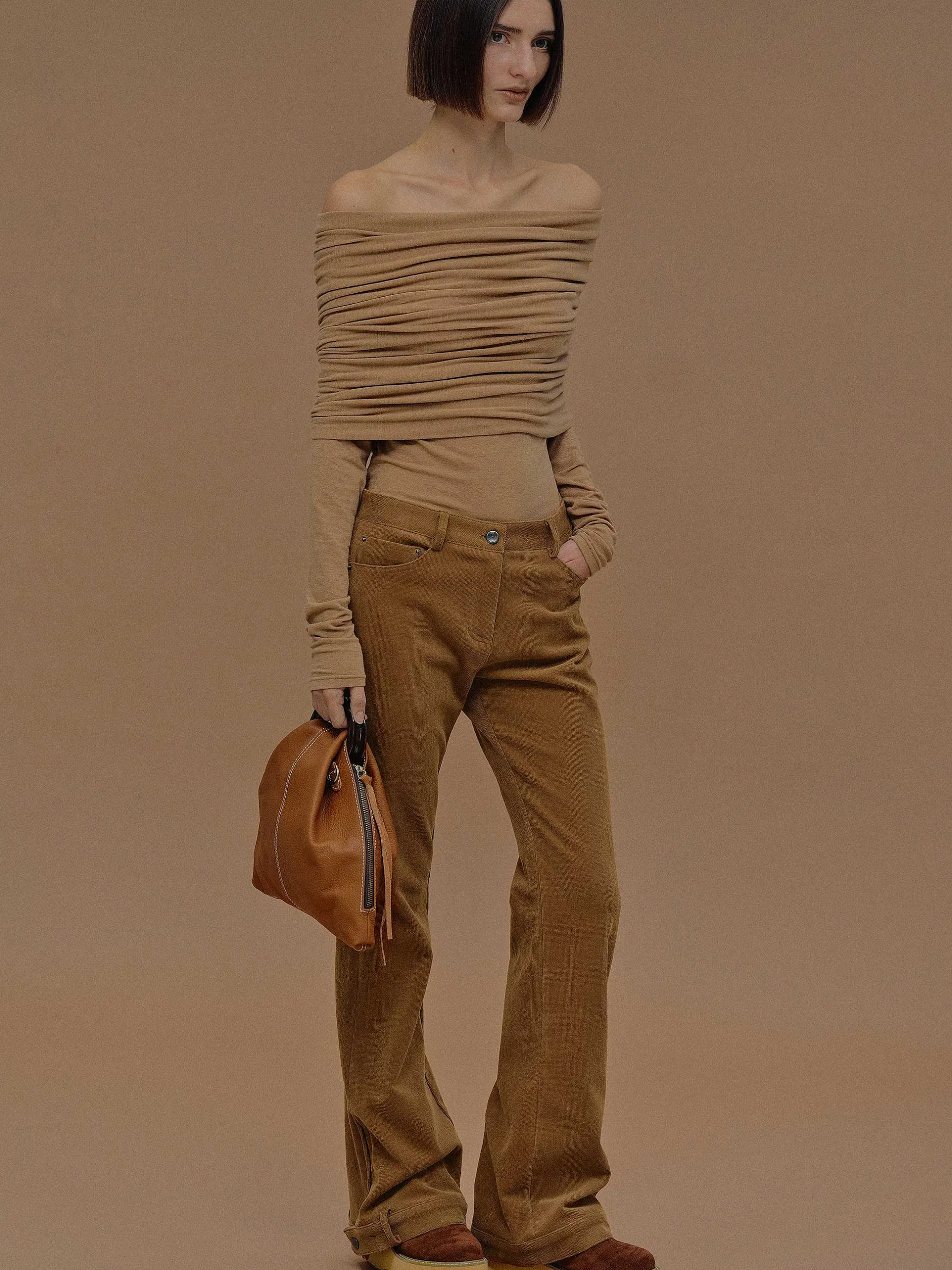 Accessories-Source Unknown Tova Off Shoulder Knit, Nude Brown
