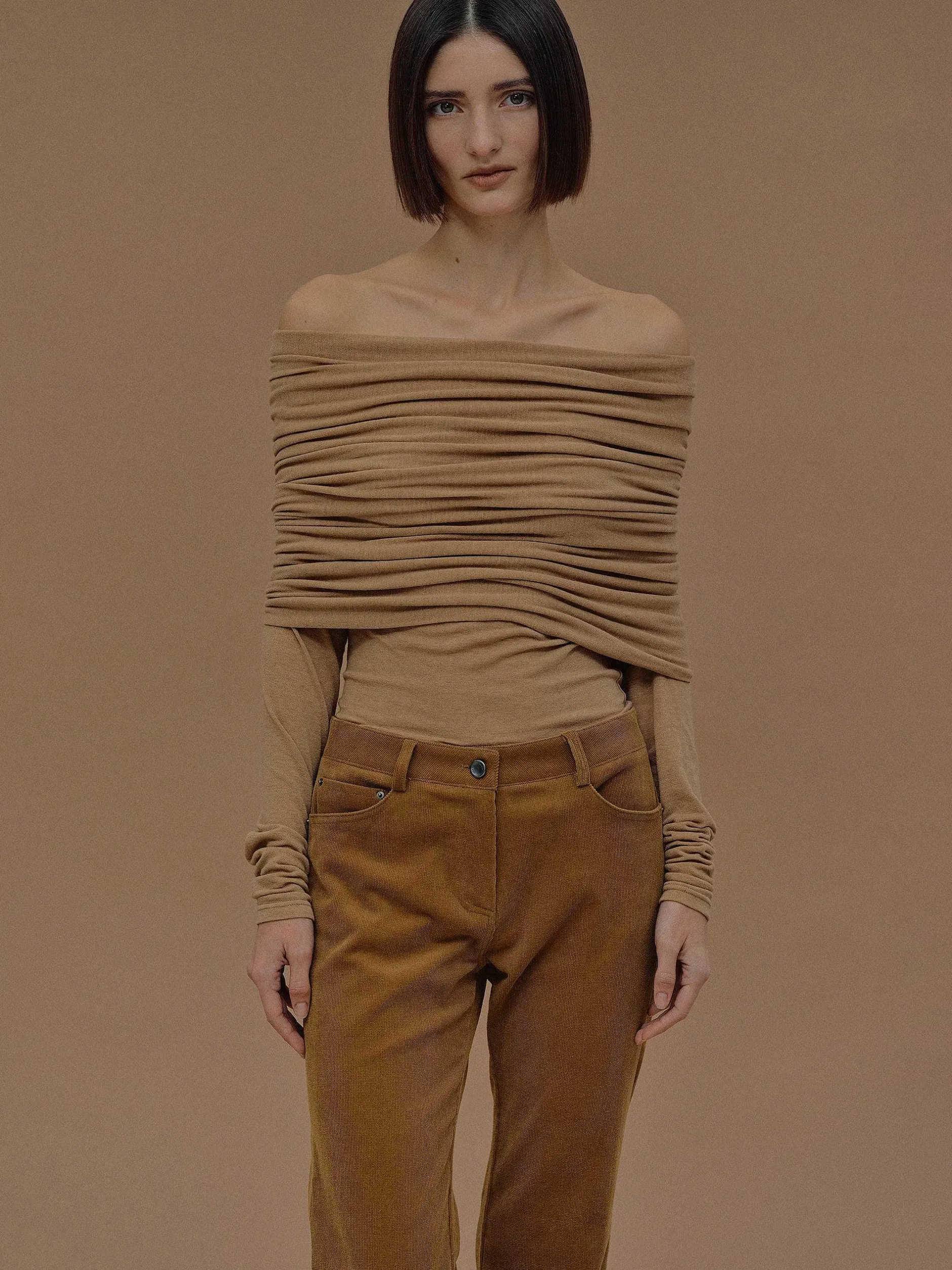Accessories-Source Unknown Tova Off Shoulder Knit, Nude Brown