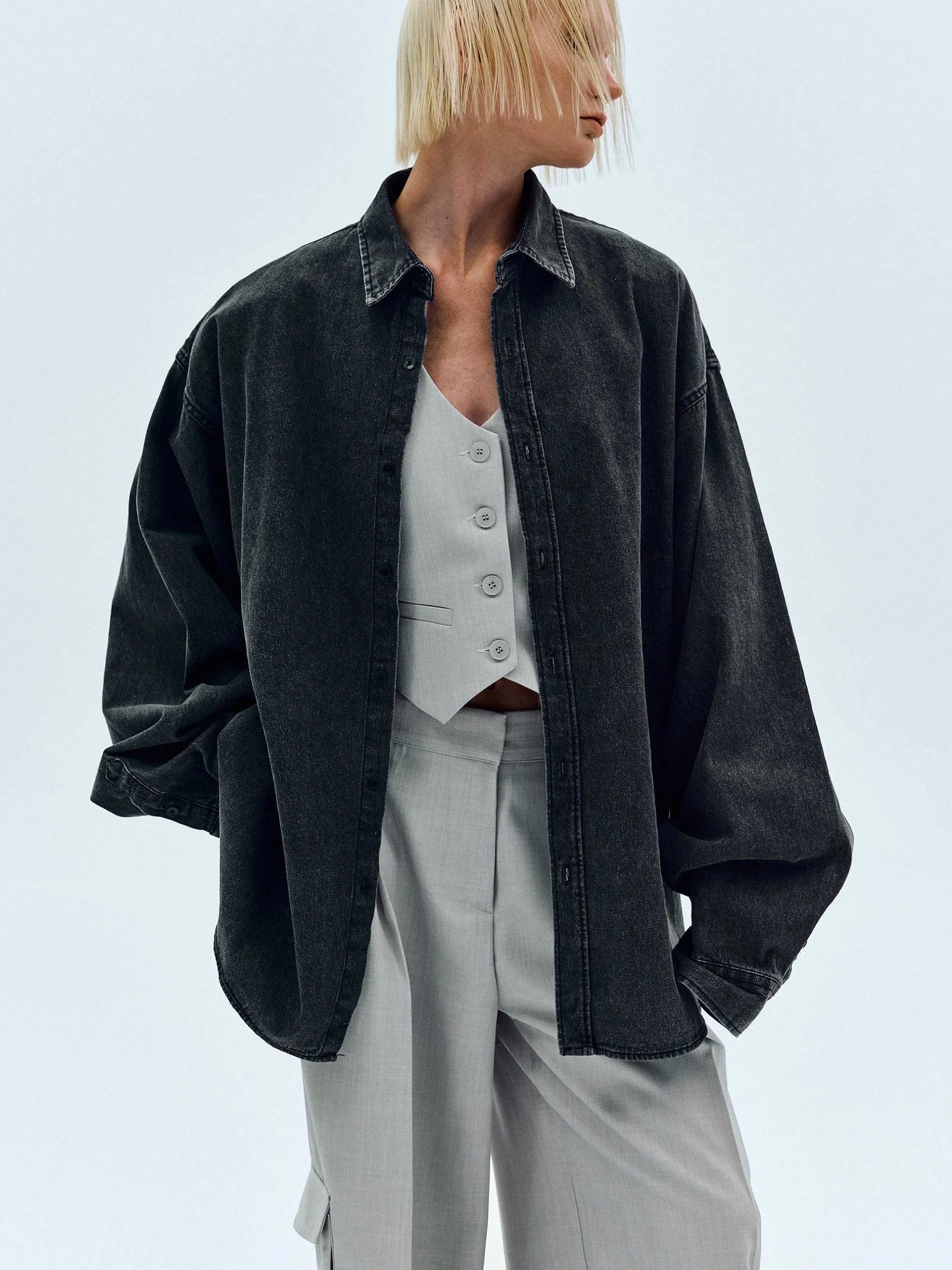 Accessories-Source Unknown Unisex Denim Shirt, Black Washed