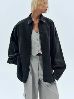 Accessories-Source Unknown Unisex Denim Shirt, Black Washed