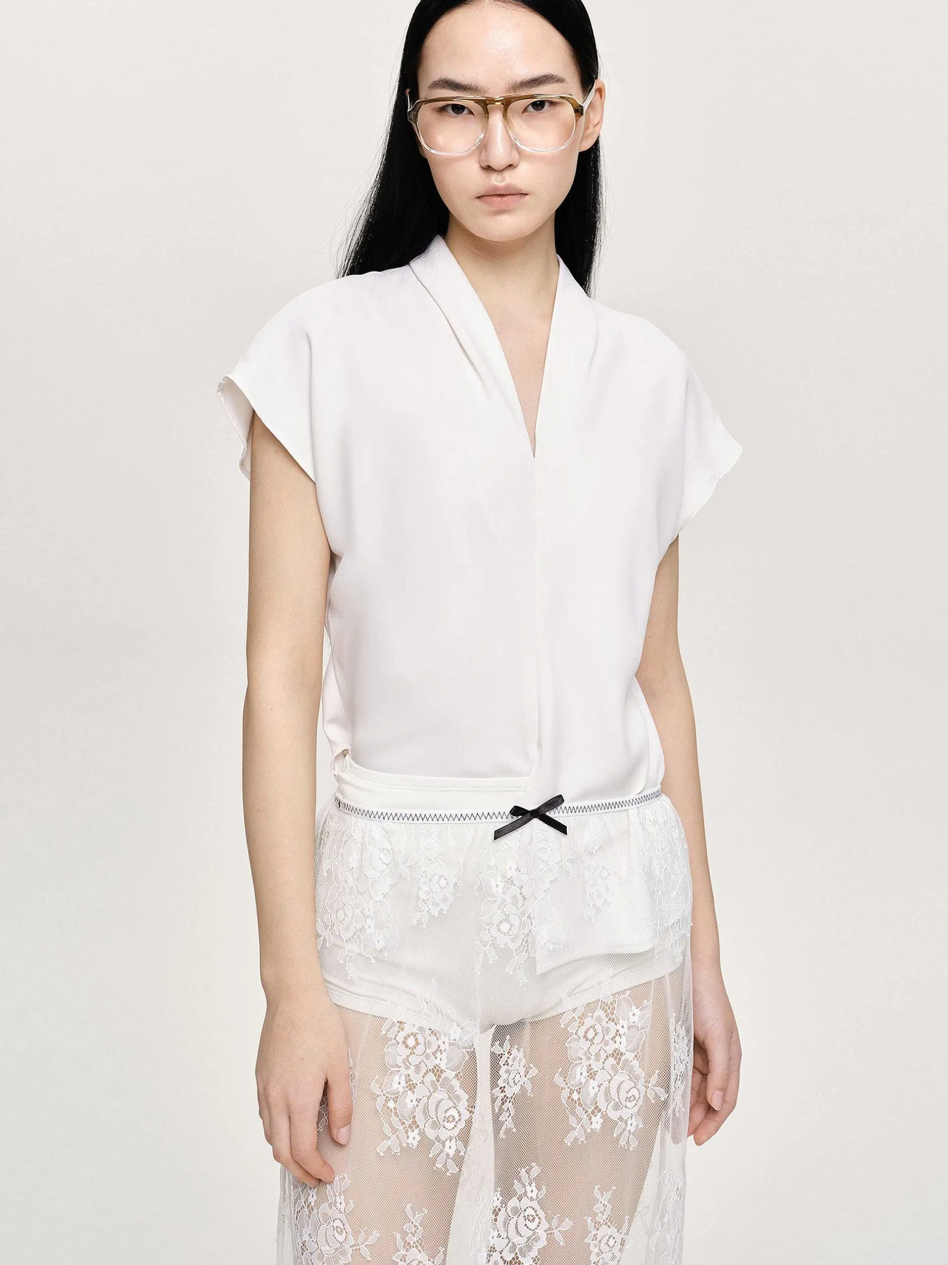 Clothing-Source Unknown V-Neck Crepe Blouse, White