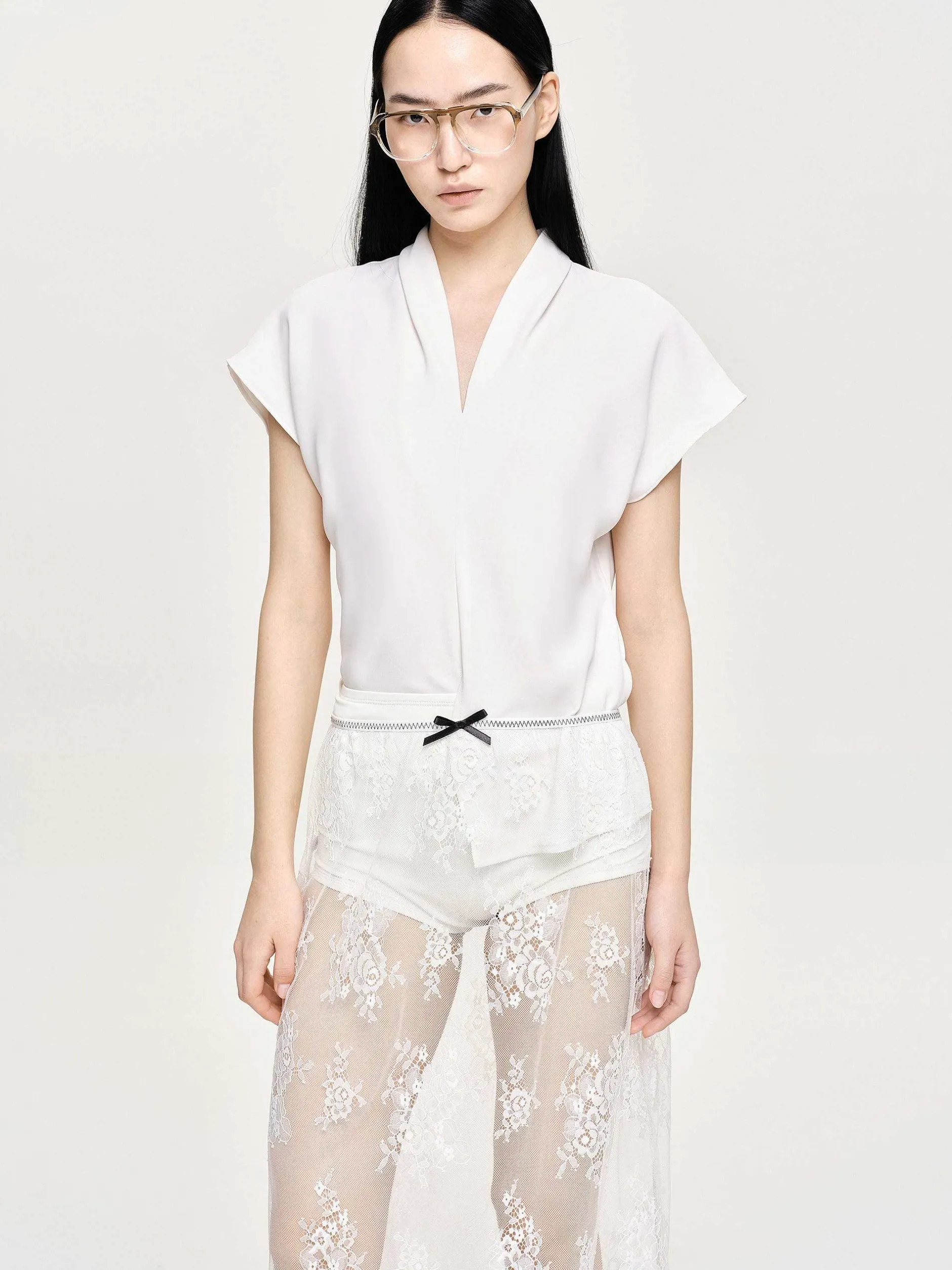 Clothing-Source Unknown V-Neck Crepe Blouse, White
