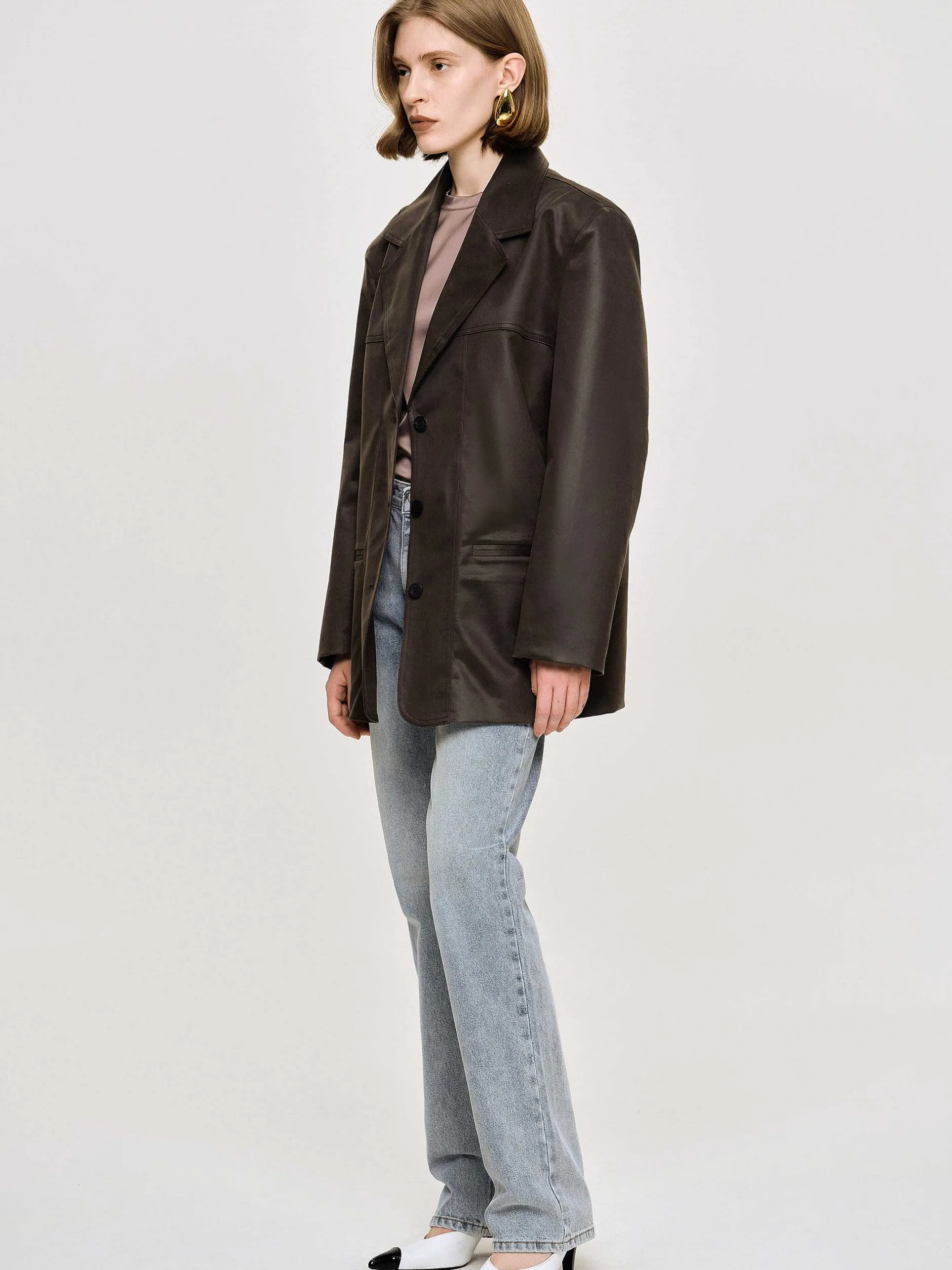 Outerwear-Source Unknown Washed Faux Leather Jacket, American Bronze